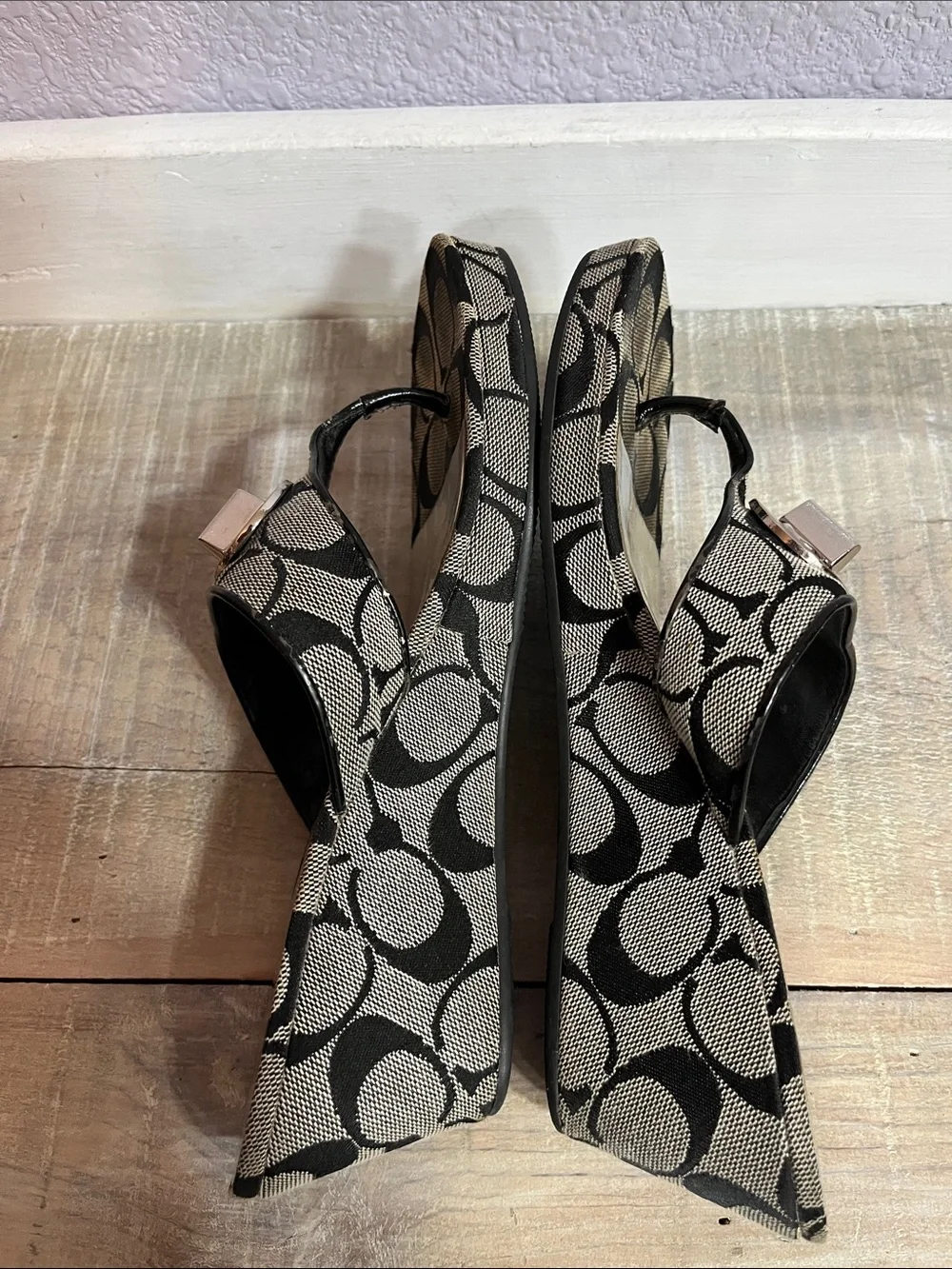 Y2K Greta Signature Coach Black & Silver-Women's Wedge Heeled Slip ons Sz 6.5